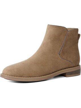 Women's Camel Faux Leather Low Heel Rounded Toe with Side Zipper Heeled Boots
